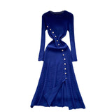 Fongt 2025 French Elegant Temperament Metal Button Repair Waist Long Pit Knitted Dress Woman