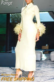 Autumn 2023 New Women's Sexy Skinny Long Bandage Dress Elegant Lapel Long Sleeve Feather Design Elegant Party