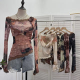 Fongt Shooting Lace Splicing Oblique Shoulder Thin Tie-Dye Mesh T-Shirt Girl T-Shirt T-Shirt Shawl T-Shirt 9986