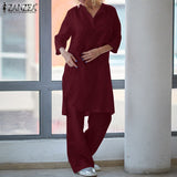 Women Autumn Suits Fashion Solid 3/4 Sleeve Matching SetsWide Leg Trousers Cotton Pant Sets Oversize Casual Loose