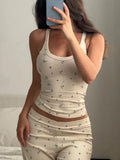 Fongt Windless Sleeveless Umbilly Flower Vest With Broken Broad Leg Pants Casual Home Women's Summer Suit