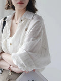 Fongt Spring And Summer Loose Thin Sunscreen Striped Cotton Long Sleeve Shirt In The Long Retro Coat