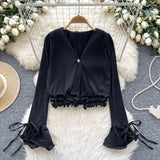 Fongt Shirt Women Spring And Autumn New Three-Dimensional Lotus Edge V Collar Folded Horns Short Top Lady