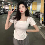 Fongt 2024 New Pure Desire Wind Big U-Collar Hot Girl Top Show Slim Slim Irregular Short-Sleeved T-Shirt Female