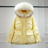 Huge Real Raccoon Fur Hooded Waterproof Winter Duck Down Jacket Women Fashion Female Parkas Sash Tie Up Puffer