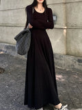 New Round Collar Bottom Dress Long Sleeves Thin Korean Knitted Dress Medium Long European Knitted