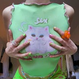 2024 Summer New Round Collar Collar Collar Printing Sleeveless Wood Ear Exposed Umbilical Women's Top