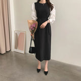 Fongt Korean Chic French Temperament Color Splicing Sleeve Women's Skirt Autumn Bubble Sleeve Waist With Round Collar Dress-Outfit
