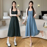 Fongt And Summer 2025 New Small French Long-Term Collection Waist Thin Design Retro Cowboy Strap Dress