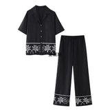 Fongt Summer New Women's Collar Short-Sleeved Embroidered Shirt Tight High-Rise Straight Trouser Set High-Waist Design