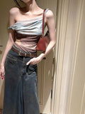 Vintage Halo Dyeing Vest for Women Y2k E-Girl Mesh Irregular Camisole Tops 2024 Summer New Off Shoulder Tank Top-Outfit