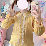 Women Preppy Style Sweet Lolita Blouses Cute Bow Lace Ruffles Plaid Shirt Gothic Girly Kawaii Long Sleeve Harajuku Blusas Mujer-Outfit