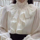Spring Ruffle Stitching Palace Blouse Women Long Flare Sleeve Buttons Ruched Loose Top New Stand Collar Chiffon Shirt