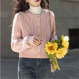 Fongt Spring And Autumn New Loose Short Sweater Jacket Korean Twist Round Collar Knit Cardigan Woman-Outfit