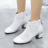 2021 Summer Ankle Boots Genuine Leather Shoes Women Med High Heel Back Zipper Boots Cutout breathable Mujer