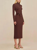 Fongt Brown Metallic Button Decoration Knitted Dress High-Necked Long Sleeves Elegant Temperament