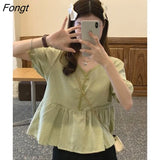 Women Short Sleeve Blouses V-neck Fashionable Plaid Loose Korean Style Cozy S-3XL Students Summer Tops Designer All-match