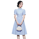 Fongt Elegant Temperament Collar Bubble Sleeves In The Summer Of 2025, Showing Thin Splicing Striped Dress