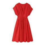 Fongt Summer New Women's Folding Shoulder Short-Sleeved Fan Flute Long Dress