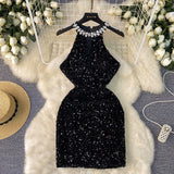 Fongt Luxury Thousand Gold Wind High-End Hanging Neck Dress Women's Summer Glide Diamond Design Niche Temperament Ass And Hip Skirts