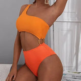 Neon Orange One Piece Swimsuit Women Patchwork Cut Out Trikini Beach One Shoulder Bathing Suit High Waist Swimwear