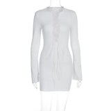 Fongt New Fall 2023 Women's Front Lace With Sexy Leaky Chest Solid Color Round Collar Long Sleeve Wrapped Hip
