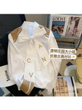 England Style Long Sleeve Blouses For Women 2023 Bow Letter Tee White Single Breasted V-neck Loose Boyfriend