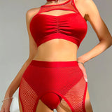 Dark Fishnet Female Black Lingerie Gothic Patchwork Cut Out Underwear Sets Exotic Women Sexy Ruched Bra And Garters