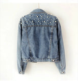 Wish New Hot Selling Nail Pearl Denim Jacket Women's Versatile Pearl Loose Casual Jacket-Outfit