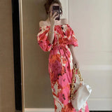 Style Summer Women Casual High Waist Sexy Backless Beach Dress Vintage Slash Neck Dot A-line Maxi Dress