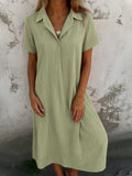 Fongt New Leisure Spring And Summer Loose Short-Sleeved V-Neck Solid Cotton Shirt Dress