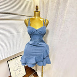Fongt Summer Elastic Waist Sexy Cowboy Sling Dress Lotus Side Ass Short Skirt Girl