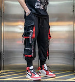 Personality Hip-Hop Tide Card Loose Movement Machine Can Overalls Men's Letter Large Pocket Ribbon Leisure Rainbow Pants-Outfit