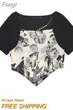 Hem Short Sleeve Crop Top Women's Y2k Patchowork Fake 2 Piece Tee Summer 2023 Vintage Sexy Club Party Costume