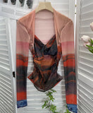 Fongt Tie-Dye-Print Long Sleeve Bottom Sexy Hottie V-Neck T-Shirt Folded Slimming Mesh Yarn Top 8929
