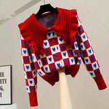 Fashion Sweet Cardigan Women Chic Peter Pan Collar Heart Button Hit Color Long Sleeve Knitted Sweater Coat Cute Loose Top-Outfit