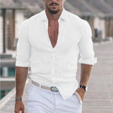 Fongt New Men's Summer Cotton-Blind Beach Shirt Long Sleeves Solid Hawaiian Holiday