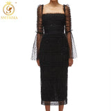 New Autumn Fashion Designer Flocking Wave Point Dresses Women Flare Long Sleeve Elastic Mesh Elegant Party
