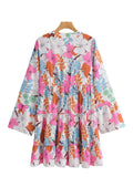 Fongt Women's V-Neck Printing Long-Sleeved Loose Dress 1641