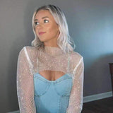 Rhinestone Feather Women's T-Shirt Fishnet Mesh Hollow Out See Through Long Sleeve Crop Tops Tee Party
