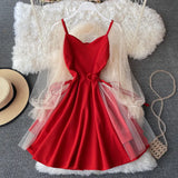 Fongt Summer Bubble Sleeve V Collar Low-Thight Splicing Mesh Nail Beads A-Sleeve Short Sleeves Thin Middle And Long-Term Joint