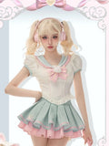 Style Kawaii 2 Piece Sets Women Casual Cute Crop Tops Blouse + Slim Bodycon Mini Cake Skirt Fashion Chic 2024 New-Outfit