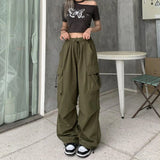 Army Green Cargo Pants Sweatpants Streetwear Hip Hop Joggers Drawstring Casual Loose Wide Leg Plus Size Womens Pants-Outfit