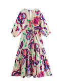 Fongt Women's V-Neck Flower Print Long Dress 9287