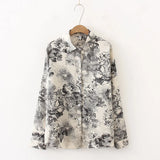 Women Vintage Ink Painting Print Chiffon Blouse Full Sleeve Button Up Turn Down Collar Shirt Casual Office Lady Autumn