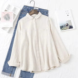 New Women Cotton Turn Down Collar White Shirt Long Sleeve Pockets Dot Blouse Button Up Loose Spring Casual Tops