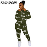 Winter Tracksuits Two Piece Set Pink Letter Print Solid Casual Outfits Zip Sweatshirt + Pockets Pants Set Women Sweat