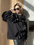Fongt Lace Decoration Design Feeling Against The Color Of The Collar Long Sleeve Leisurely Loose Plus Velvet Top Woman