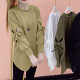 Solid Color Cut Out Sweatshirts Female Clothing Korean Loose Spring Autumn Long Sleeve Casual Bow Round Neck Pullovers-Outfit