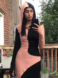 Sleeve Hooded Patchwork Skinny Maxi